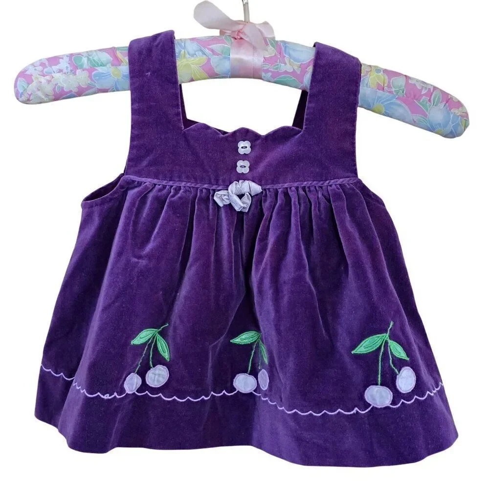 Vintage Purple Velour Baby jumper Dress With Cherry Embroidery 18 Months